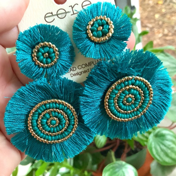 BOHO VIBE TEAL BEADED FRINGE EARRINGS/ ONE PAIR ⭐️ NEW CONDITION/ PIERCED - Picture 1 of 6